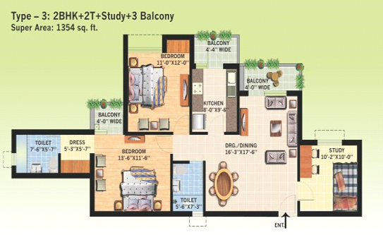 2Bhk + 2Toilet + Study room ( Type III )